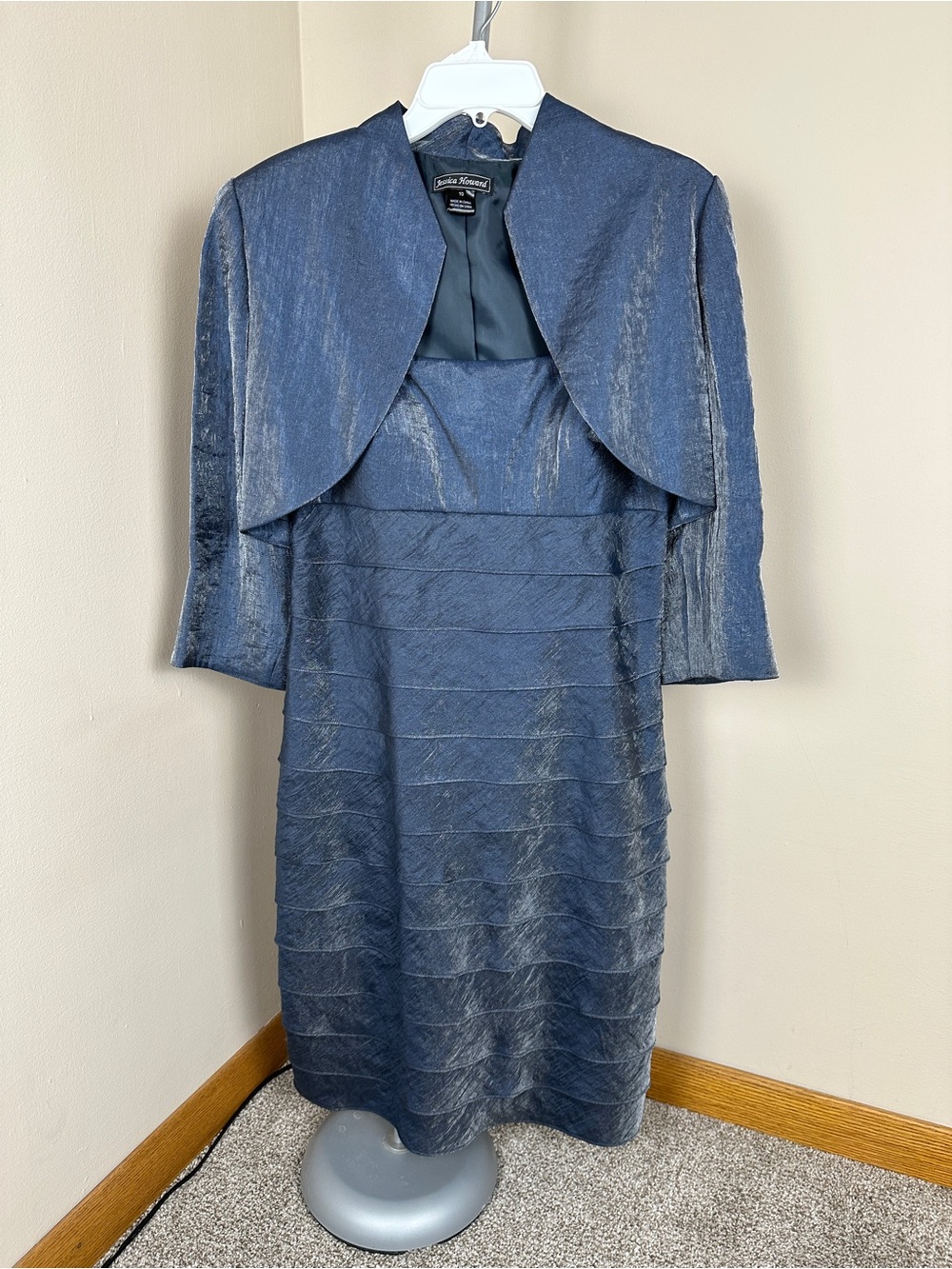 Jessica Howard Navy Blue Metallic Shimmer Textured Midi Dress with Jacket